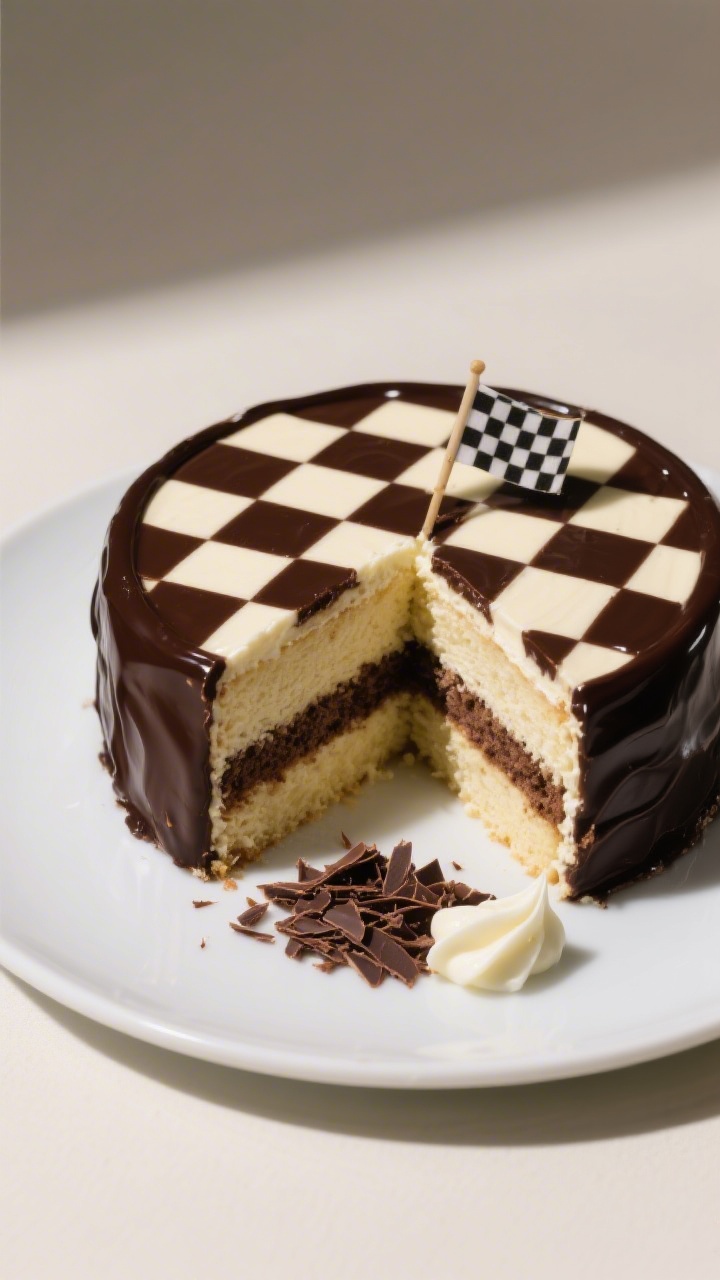 Straight-on slice reveal of a Racing Flag Checkerboard Cake: alternating vanilla and chocolate squares inside (two 8-inch rounds each batter), layered with a thin vanilla buttercream crumb coat and wrapped in a smooth dark chocolate ganache shell; a precise cut slice on a white plate showing the crisp checkerboard pattern; small pile of chocolate shavings and a swipe of vanilla buttercream on the plate; neutral background, soft directional light to highlight the sharp edges and glossy ganache.