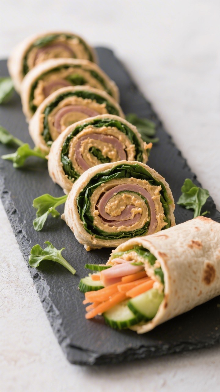 Straight-on sliced pinwheel display for Savory Hummus Pinwheel Roll-Ups: tight spirals of whole-wheat and spinach tortillas layered with a generous hummus spread, turkey deli slices, and shredded carrots/thinly sliced cucumber, lined up on a slate platter, one roll uncut showing the assembly, vibrant cross-sections, minimal garnish of baby greens, clean, bright, lunchbox-friendly feel.