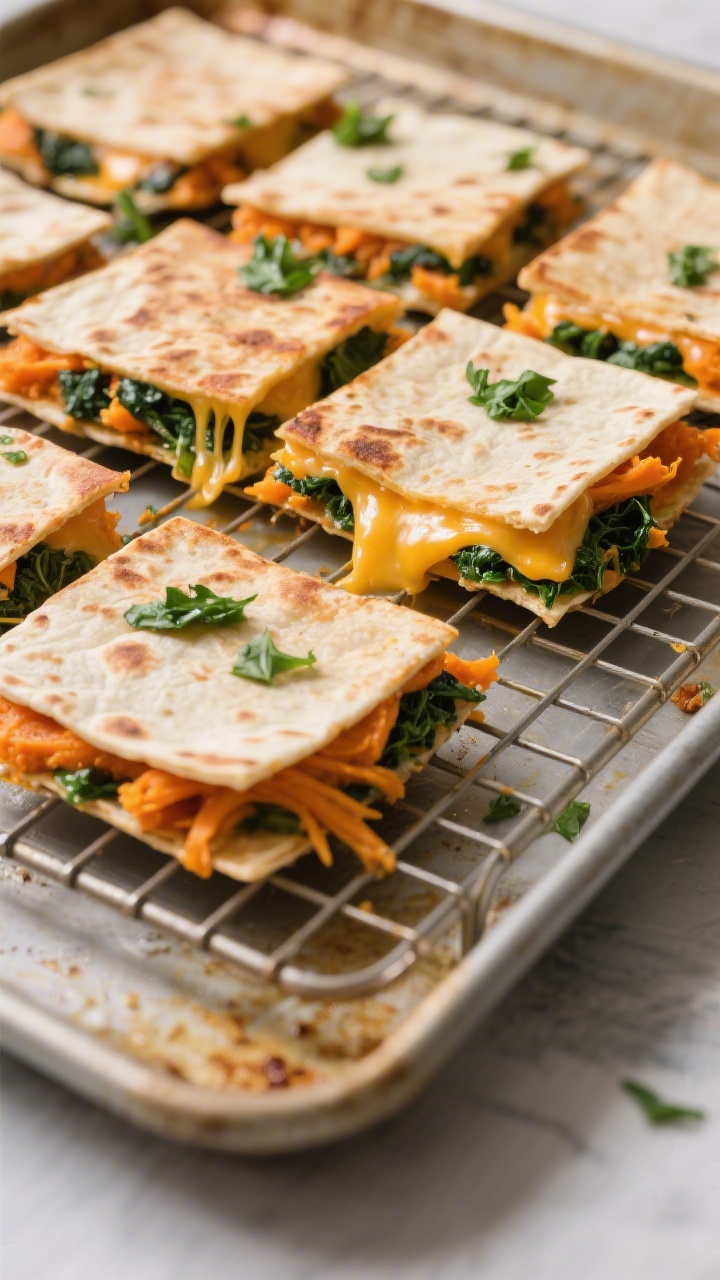 Straight-on, sliced reveal of Sheet-Pan Quesadilla Squares with Sneaky Sweet Potato: flour tortillas layered with a smooth, vibrant orange mashed sweet potato, shredded Monterey Jack or mild cheddar, and finely chopped spinach or kale; pressed and baked on a sheet pan, then cut into neat squares with gooey cheese pulls; lightly crisped tortilla edges, a sprinkle of chopped greens on the surface; placed on a cooling rack over the sheet pan, warm tones and melty, irresistible texture.