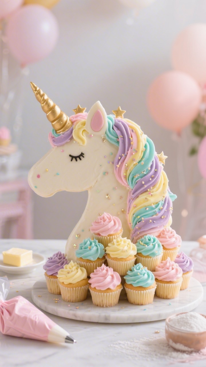 Straight-on wide shot of a unicorn swirl cupcake cake assembled from 24 vanilla cupcakes pushed together on a large board to form a whimsical unicorn silhouette: buttercream piped in multi-color swirls (pastel pink, lavender, aqua, and lemon) with shimmering sprinkles; a sleek fondant or piped buttercream gold horn, delicate ear accents, and star-tipped rosettes; piping bags filled with pastel-tinted buttercream nearby, ingredients hint (unsalted butter, sifted powdered sugar) in the soft background; airy party setting, soft diffusion, dreamy highlights, irresistibly fluffy frosting texture.
