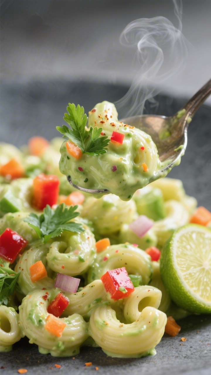 Tight macro close-up of Creamy Avocado Mac With Hidden Veggie Confetti: elbow macaroni coated in a silky avocado-Greek yogurt sauce with lime juice, olive oil, a hint of honey, and onion powder; “confetti” flecks of finely minced colorful veggies (e.g., red bell pepper and carrot) folded in for subtle texture; a spoon lifting a glossy bite to show ultra-creamy coating and tiny veg speckles; garnished with micro cilantro and a squeeze of lime nearby, steam subtly visible, shot on a matte slate surface for contrast.
