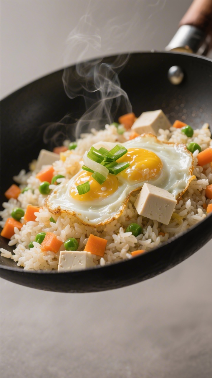 Wok-in-action 45-degree shot of soft tofu veggie fried rice with egg ribbons: day-old rice tossed with finely diced carrot, peas, and small bits of onion, shimmering in a neutral oil. Silky strips of just-set egg ribbons draped through, cubes of tender soft tofu nestled among the grains. Steam rising, glossy grains separated, garnished lightly with sliced green onion; shot in a dark wok against a neutral backdrop for contrast, no people.