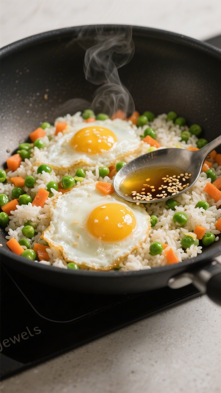 Wok-side process shot at 45 degrees of veggie-packed egg fried rice with tiny pea “jewels”: fluffy cooked and cooled rice shimmering in a teaspoon of sesame oil, frozen peas and carrots mix scattered like bright green and orange gems, a just-scrambled egg folded through; a drizzle of low-sodium soy sauce giving light gloss; steam visible, high-contrast highlights on grains, set in a black nonstick skillet on a neutral countertop.