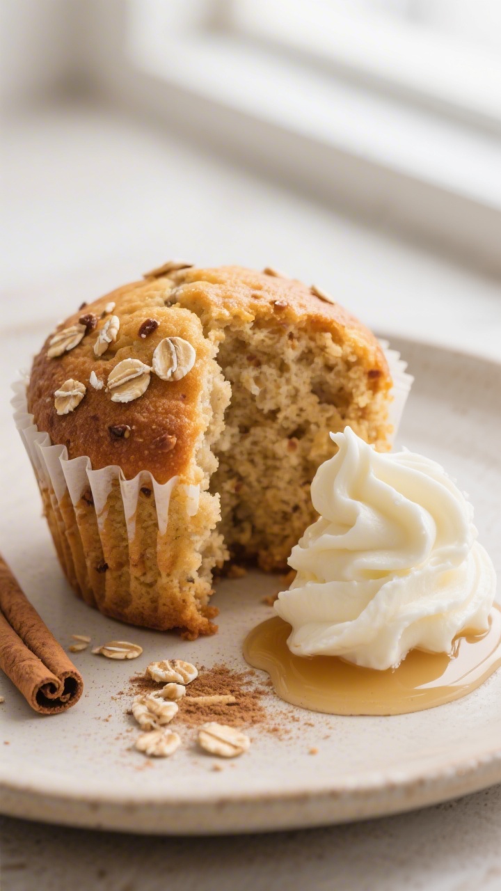 Close-up detail: A freshly baked banana oat cupcake, unwrapped, with a domed, golden-brown top and v