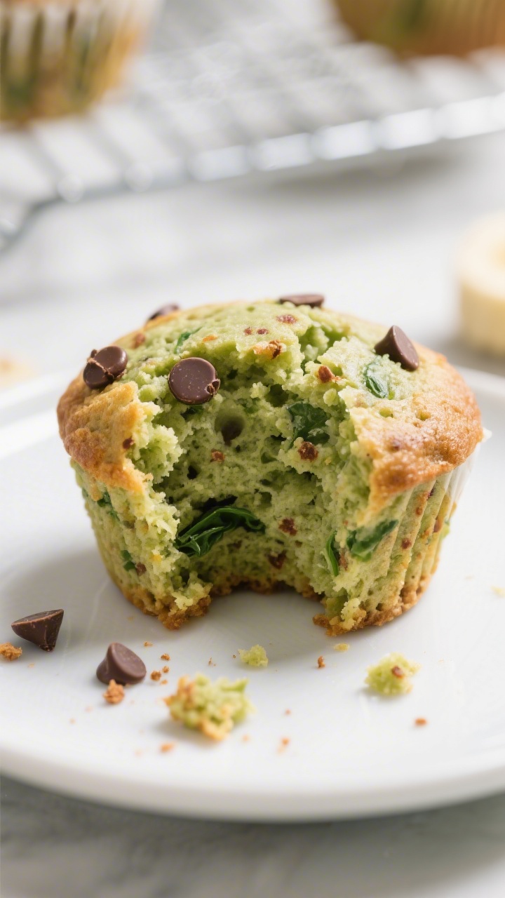 Close-up detail: A freshly baked banana spinach muffin torn open to reveal its vibrant green, ultra-