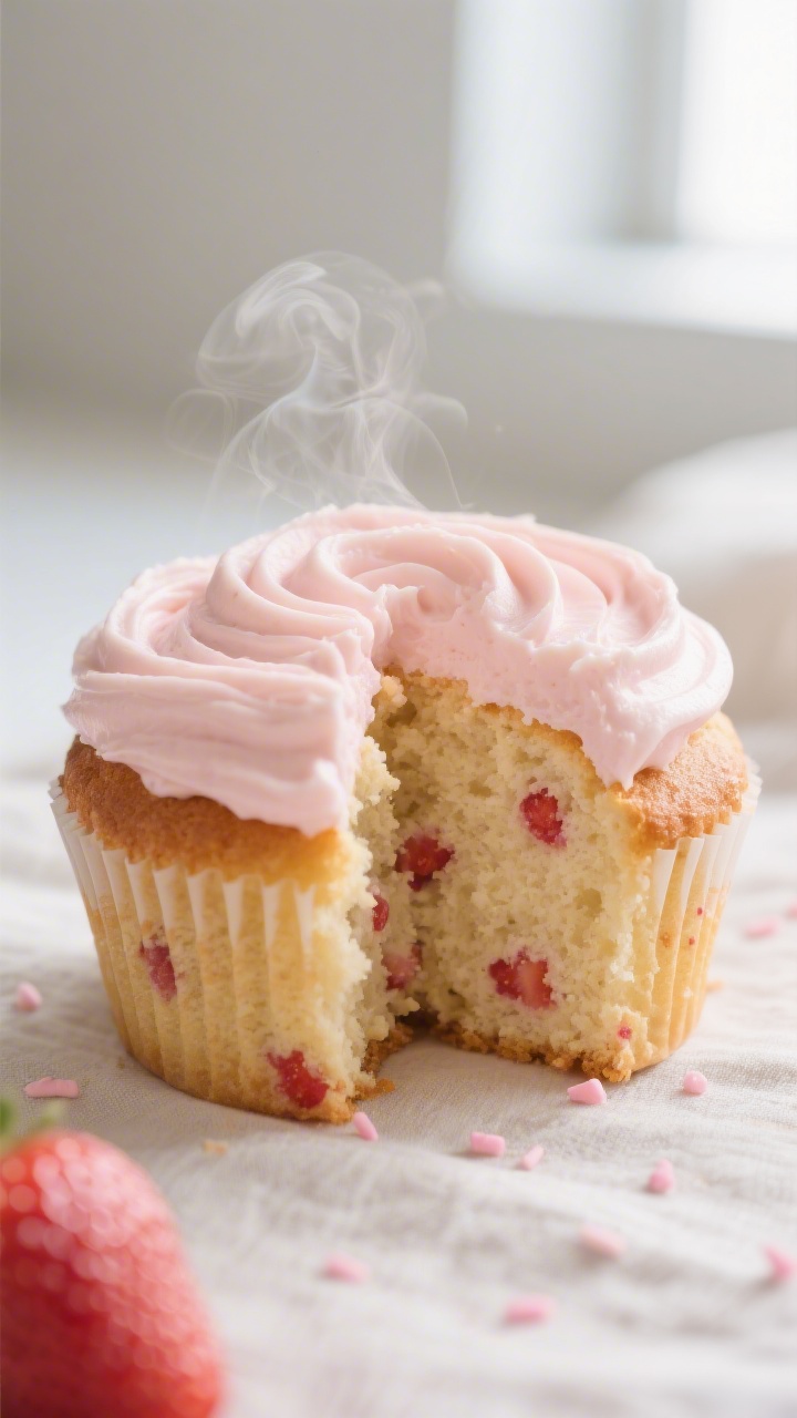 Close-up detail: A freshly baked strawberry cupcake sliced in half to reveal a soft, tender crumb wi