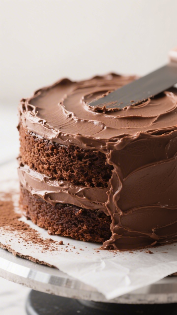 Close-up detail: A freshly frosted chocolate layer cake mid “crumb coat,” with one 8-inch layer