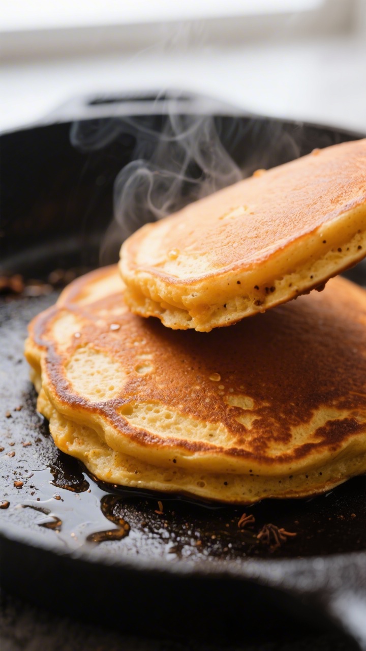 Close-up detail: A golden-brown pumpkin spice pancake just flipped on a seasoned cast-iron griddle, 