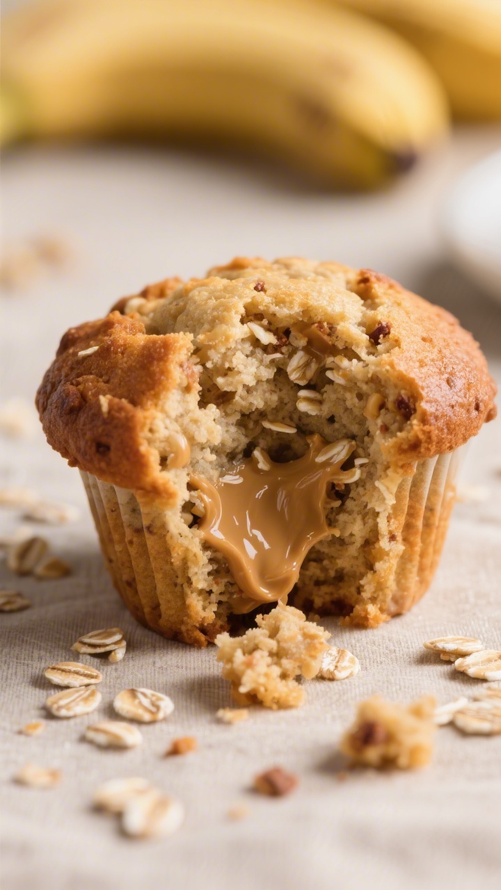 Close-up detail: A just-baked banana oat muffin torn open to reveal a moist, squishy crumb with visi
