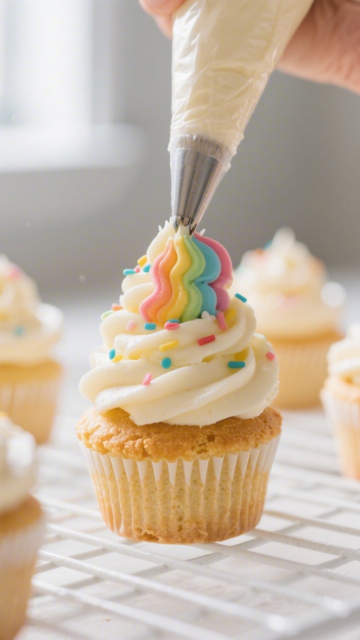 Close-up detail: A just-cooled vanilla cupcake being frosted, silky vanilla buttercream swirling fro