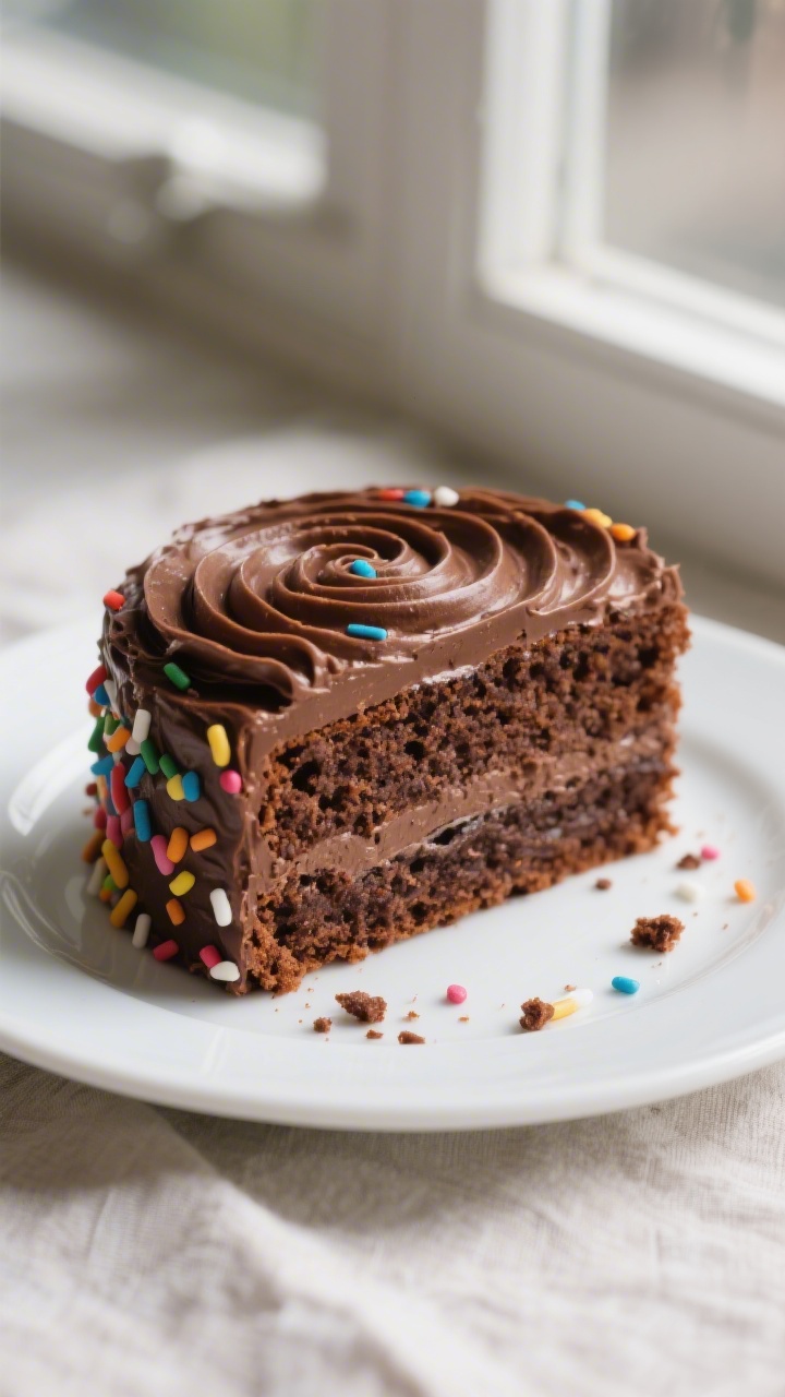 Close-up detail: A just-frosted slice of moist chocolate birthday cake showing soft, tender crumb an