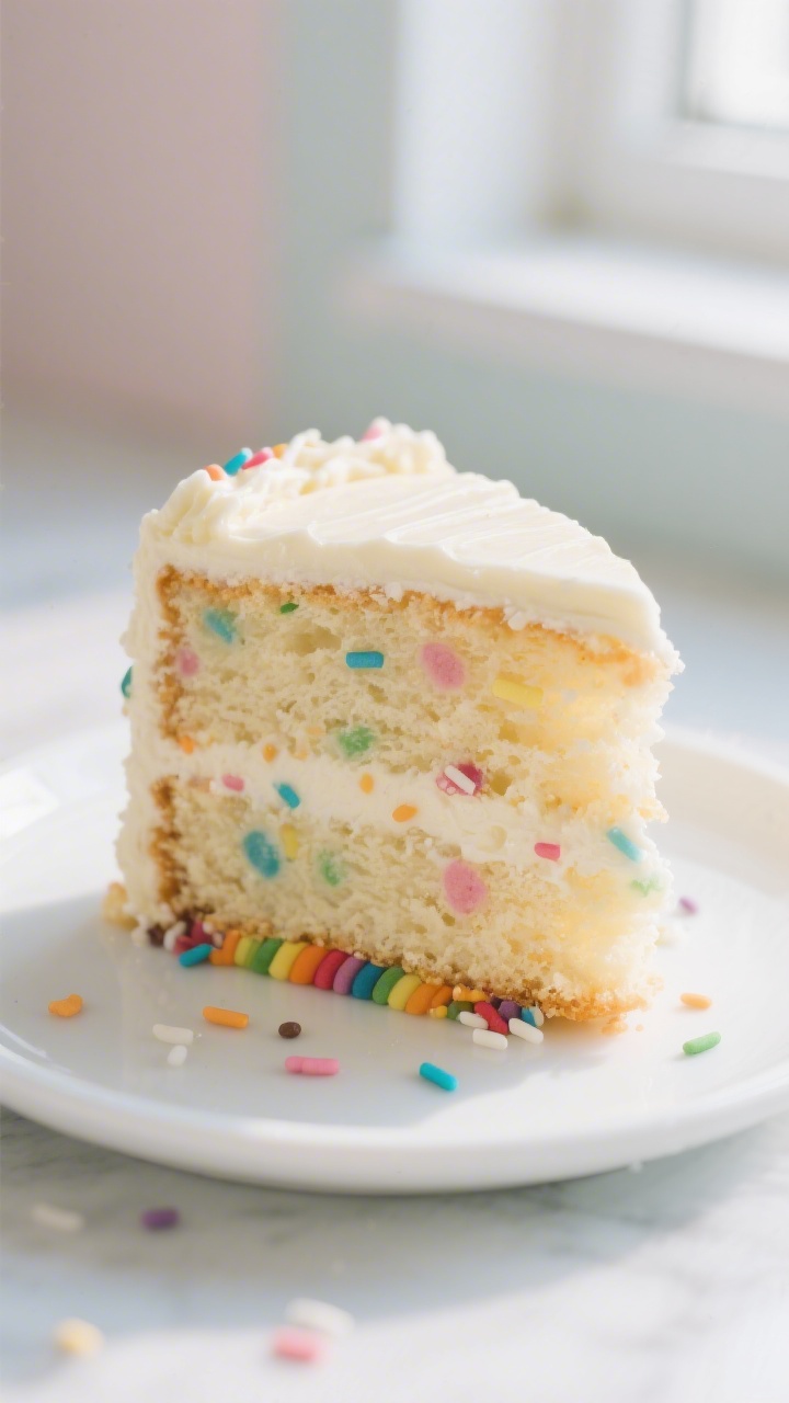 Close-up detail: A slice of funfetti vanilla birthday cake with rainbow “jimmies” visible throug