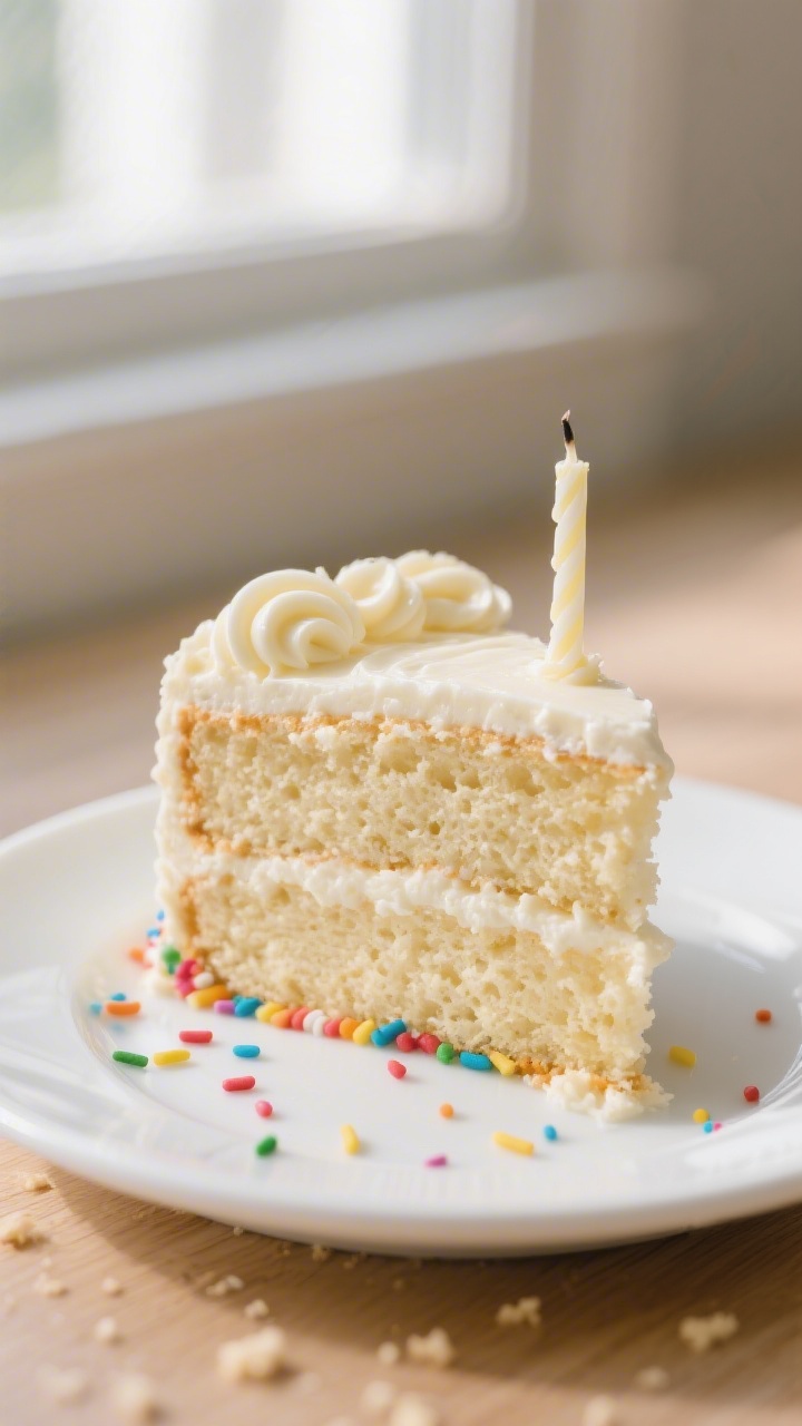 Close-up detail: A slice of two-layer vanilla birthday cake with creamy vanilla buttercream, showing