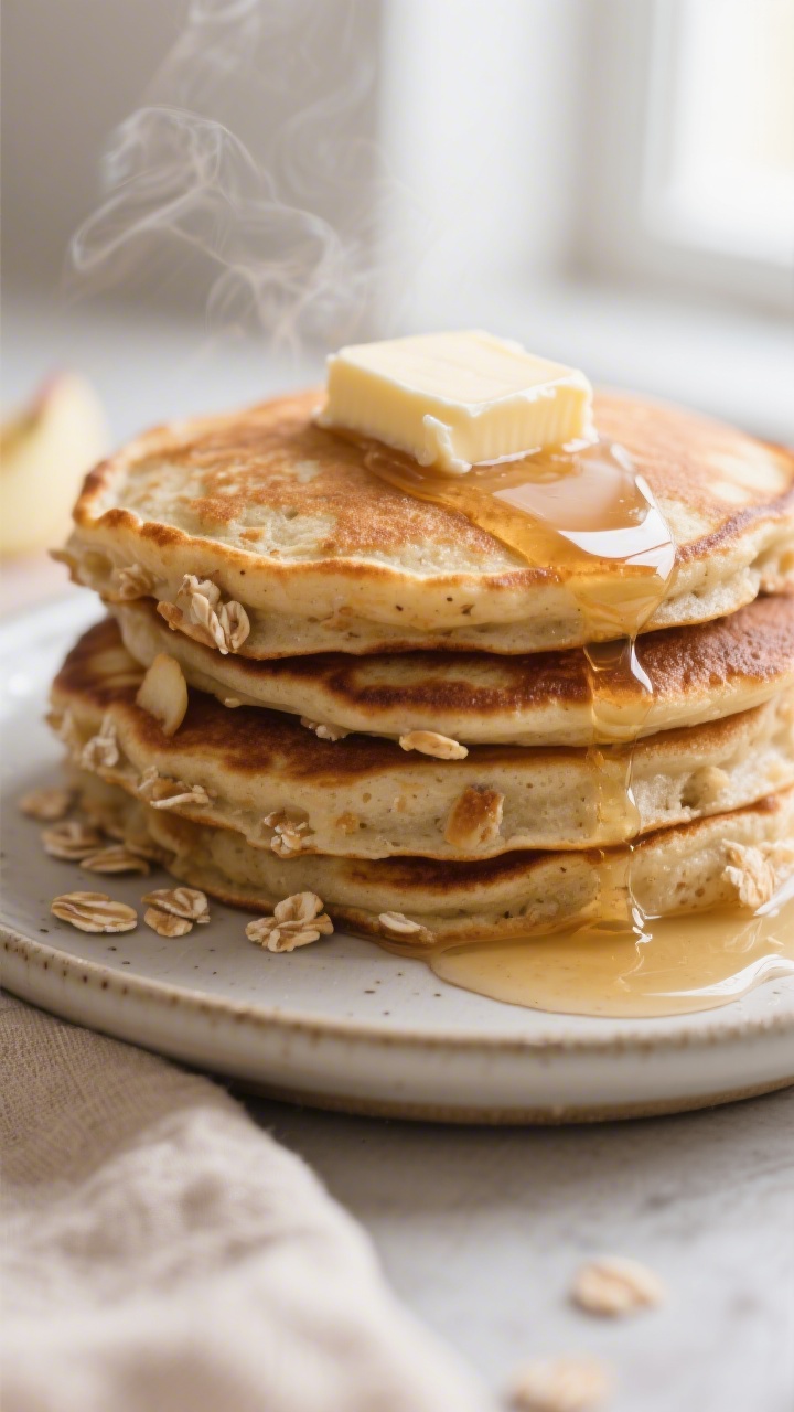 Close-up detail: A stack of golden-brown oatmeal apple pancakes just off the griddle, edges gently c