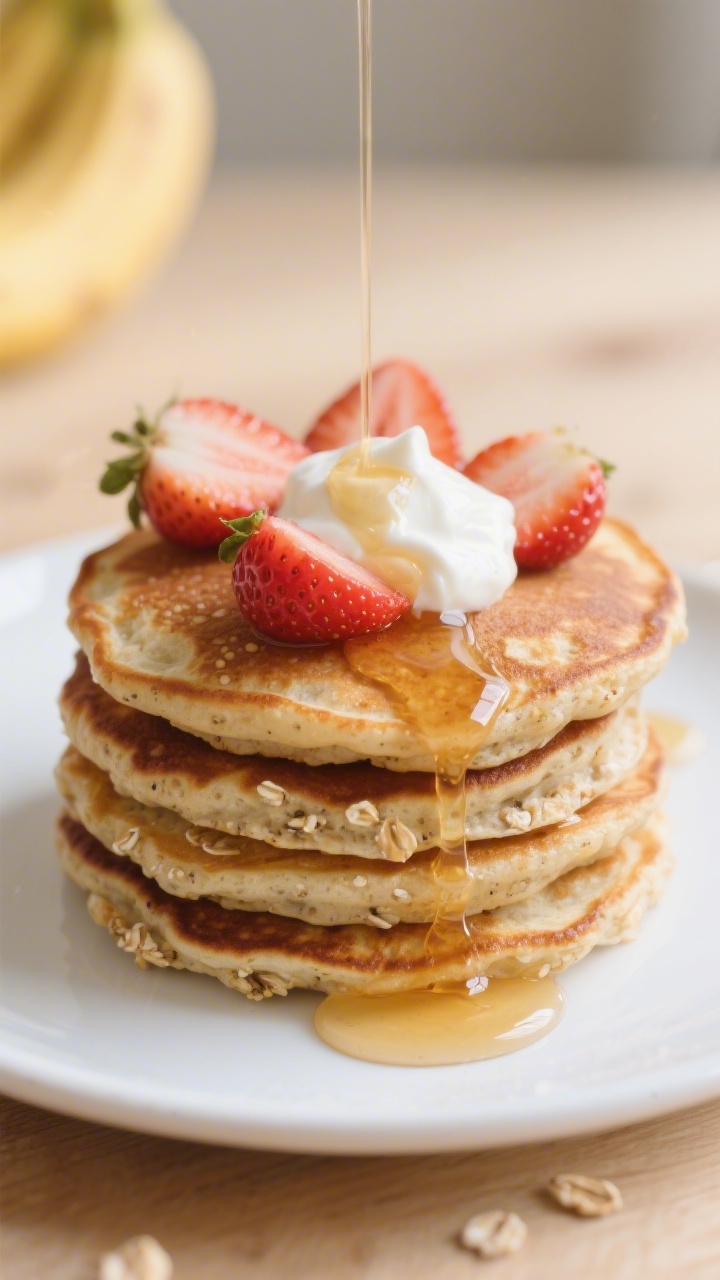 Close-up detail: A stack of small banana oat pancakes cooked to a uniform golden-brown, edges softly