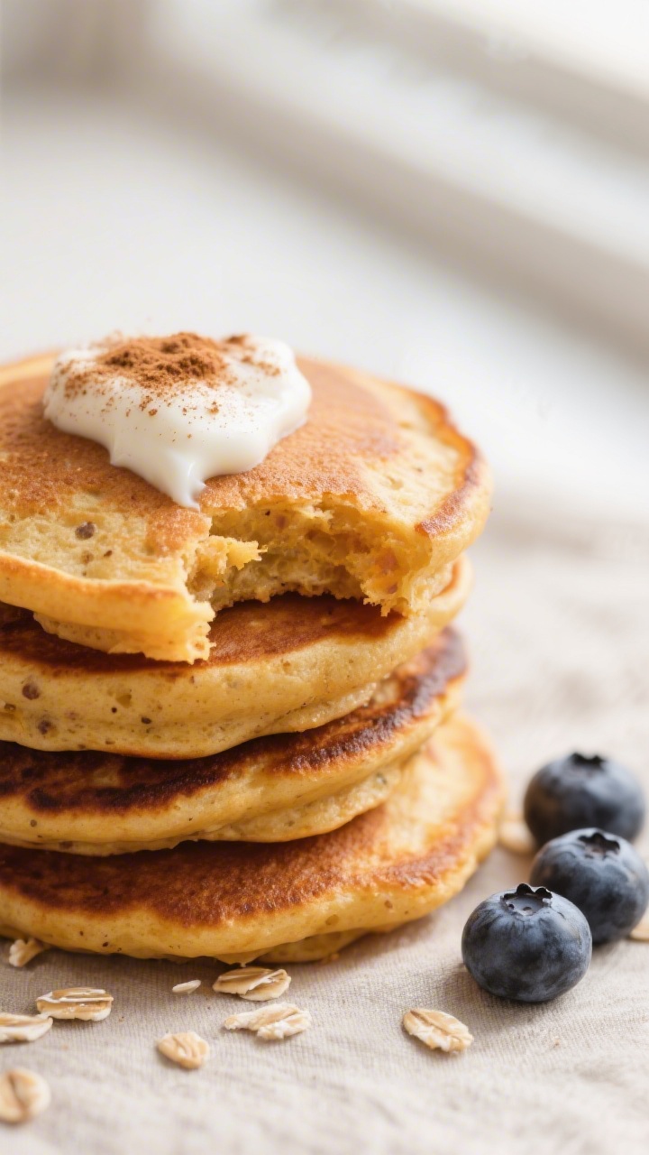Close-up detail: A stack of toddler-size sweet potato yogurt pancakes fresh off the griddle, golden-