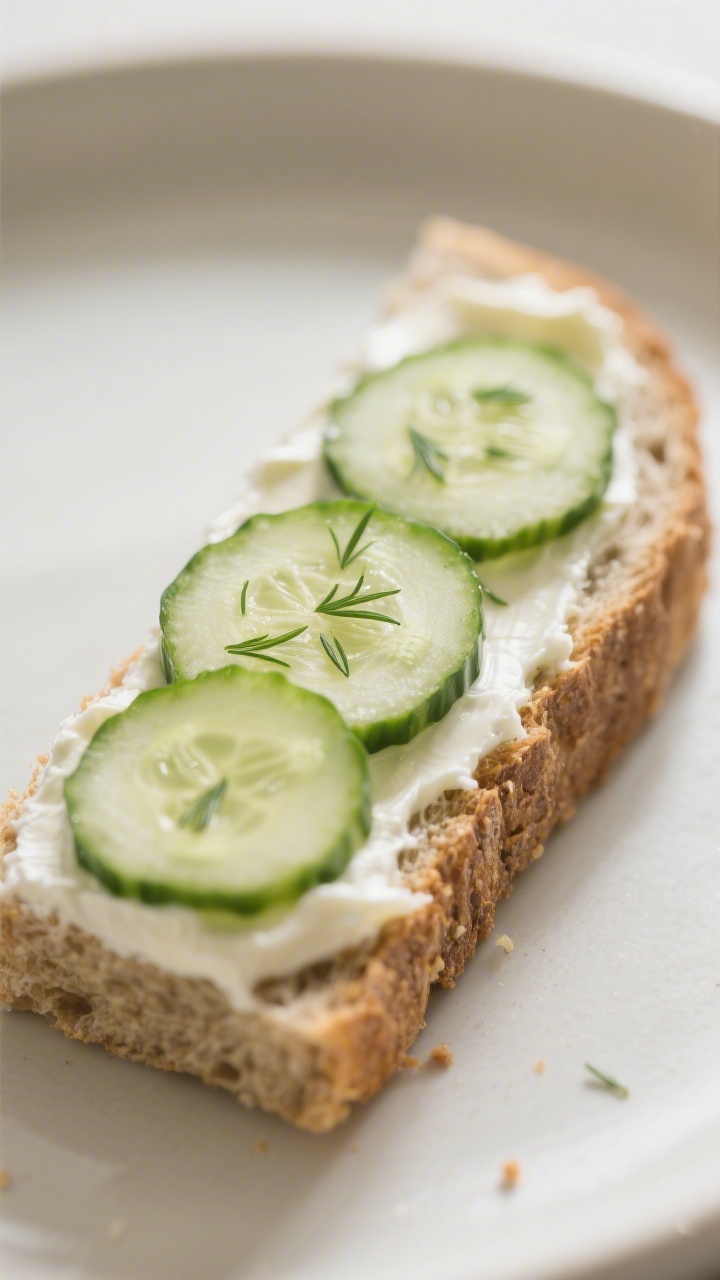Close-up detail: A toddler-friendly cream cheese and cucumber sandwich strip, edges neatly trimmed, 