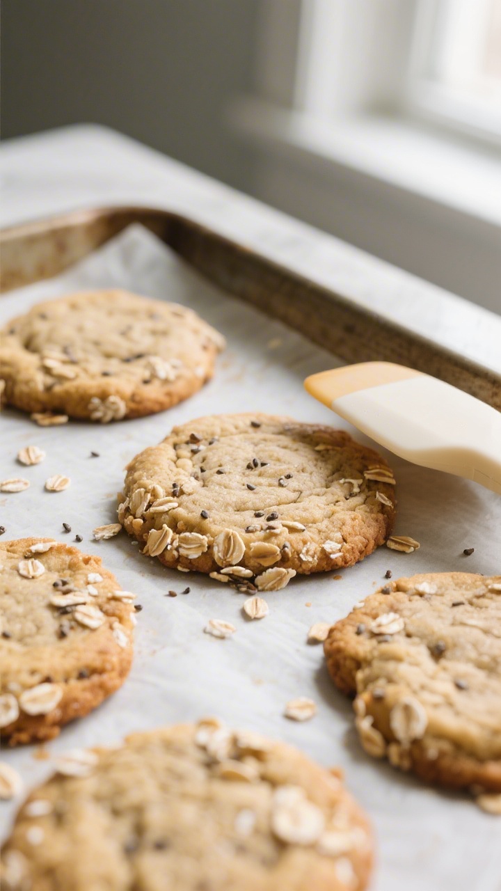 Close-up detail: A tray of freshly baked banana oat no-sugar cookies just out of the oven, edges lig