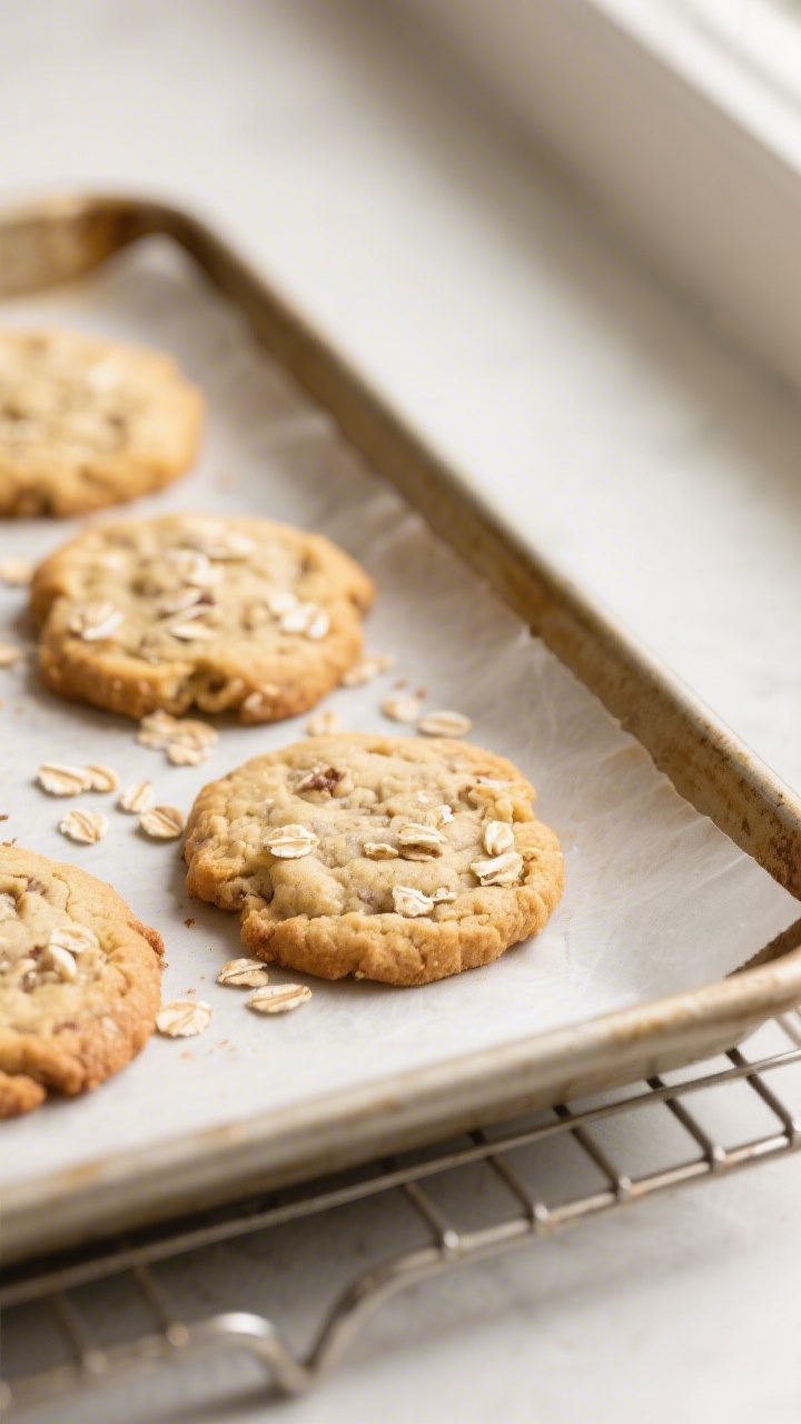 Close-up detail: A tray of freshly baked toddler banana oat cookies cooling on parchment, edges set