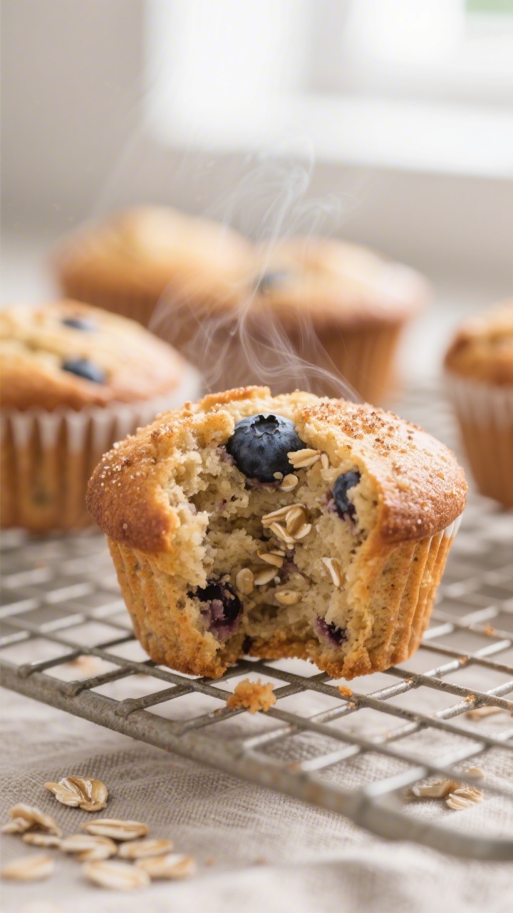 Close-up detail: A warm banana blueberry mini muffin torn open on a cooling rack, steam visible, sho