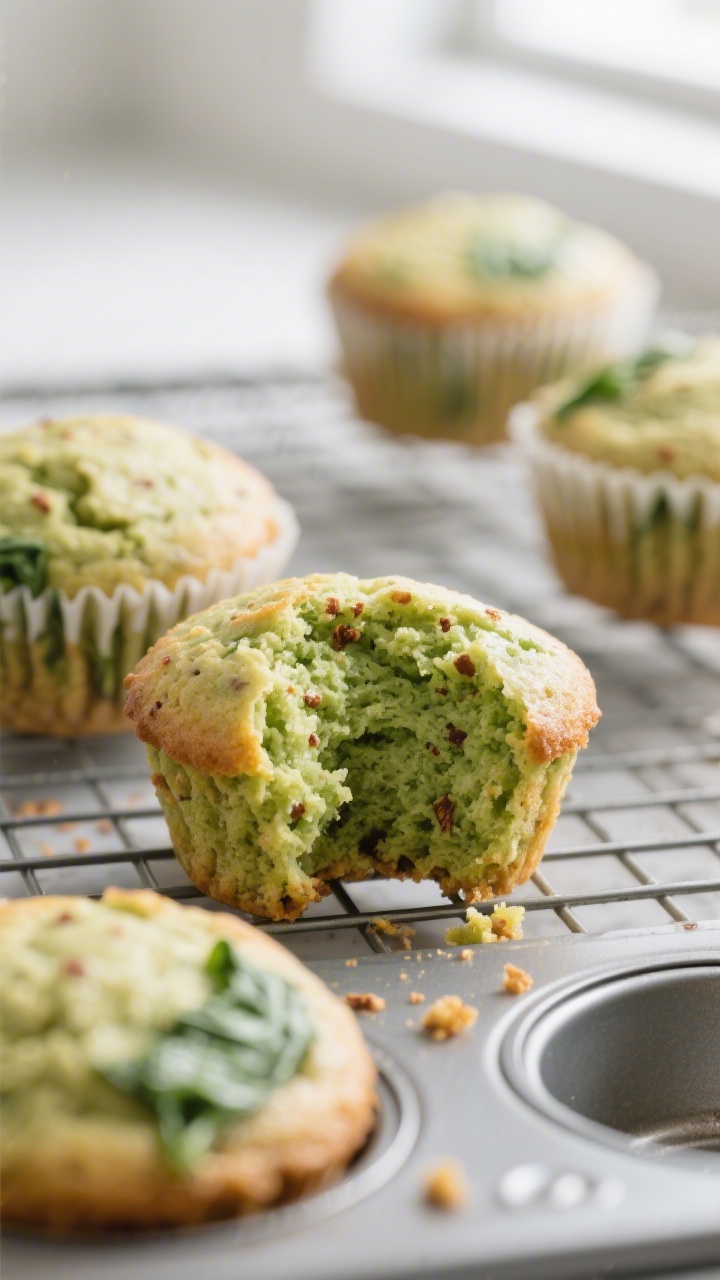 Close-up detail: Freshly baked banana spinach muffins just out of the tin, one muffin torn open to r