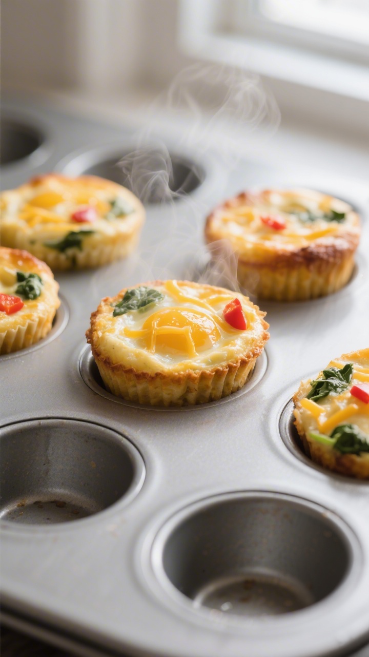 Close-up detail: Freshly baked cheesy egg muffins just out of the oven, golden edges with a glossy,