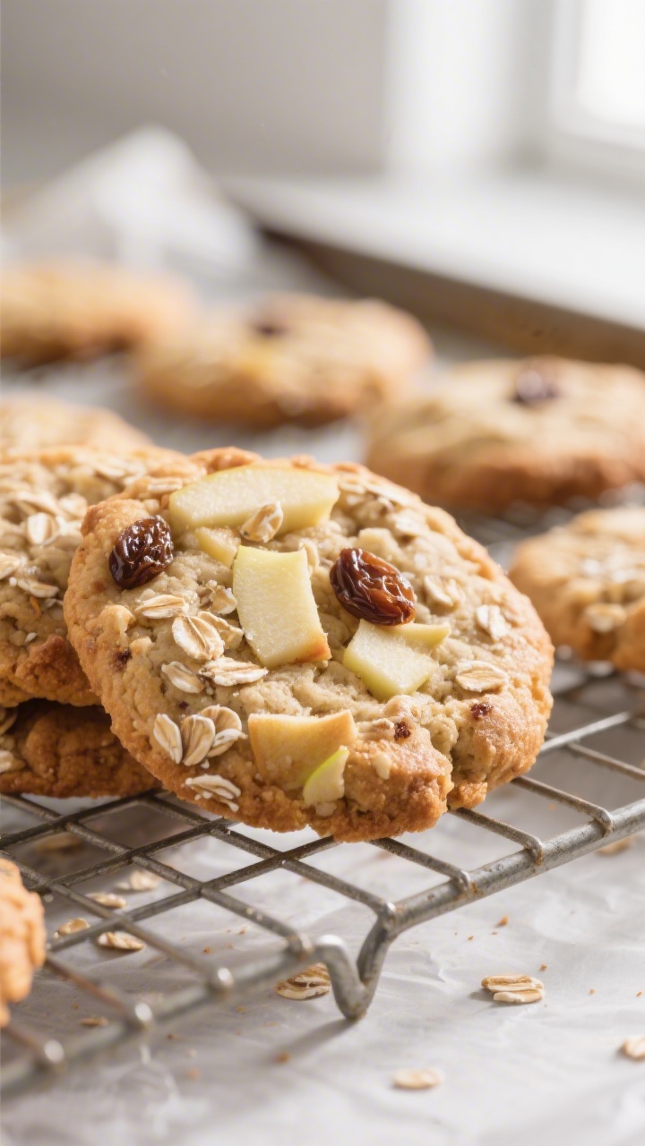 Close-up detail: Freshly baked oatmeal apple cookies cooling on a wire rack, soft centers and lightl