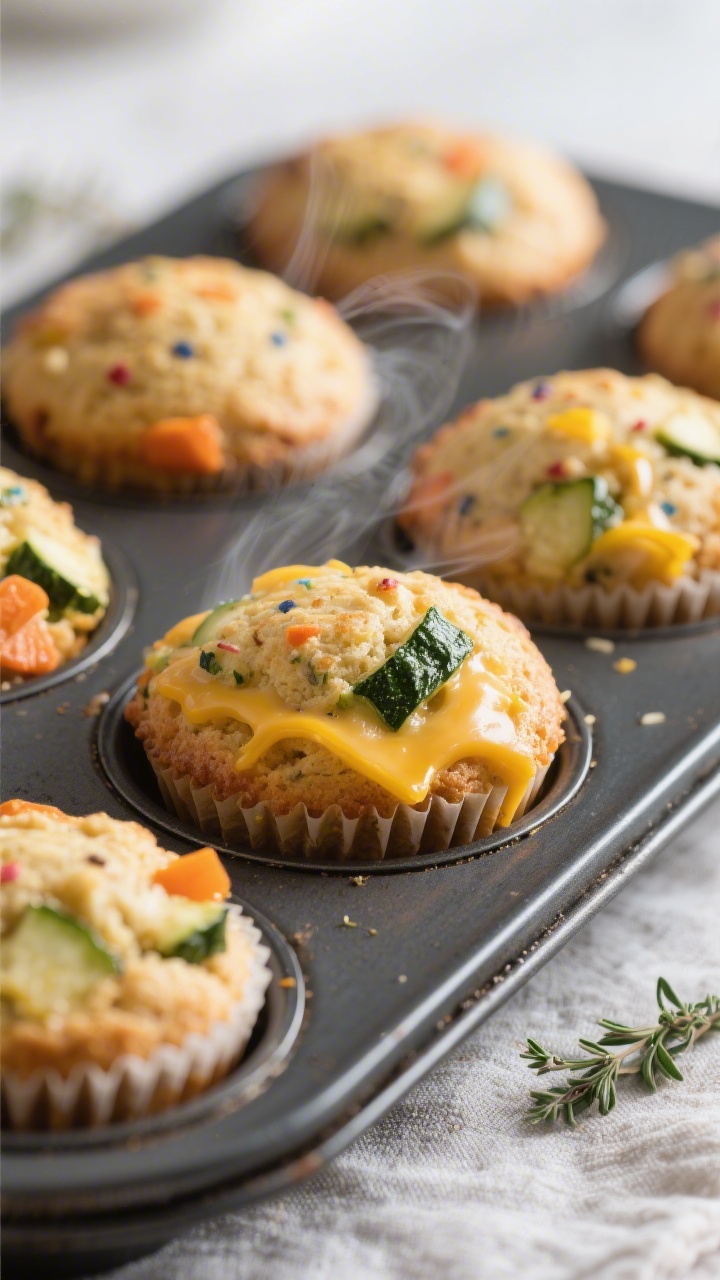 Close-up detail: Freshly baked toddler veggie muffins just out of the tin, golden tops with tiny con