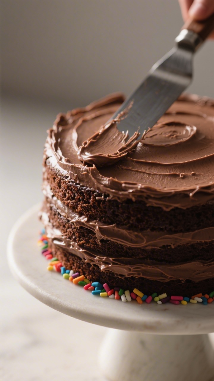 Close-up detail — just-frosted chocolate layer cake with ultra-smooth cocoa buttercream; tight mac