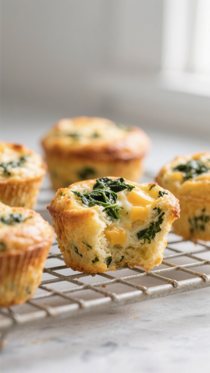 Close-up detail: Mini cheesy spinach egg muffins just out of the oven, centers set and edges softly