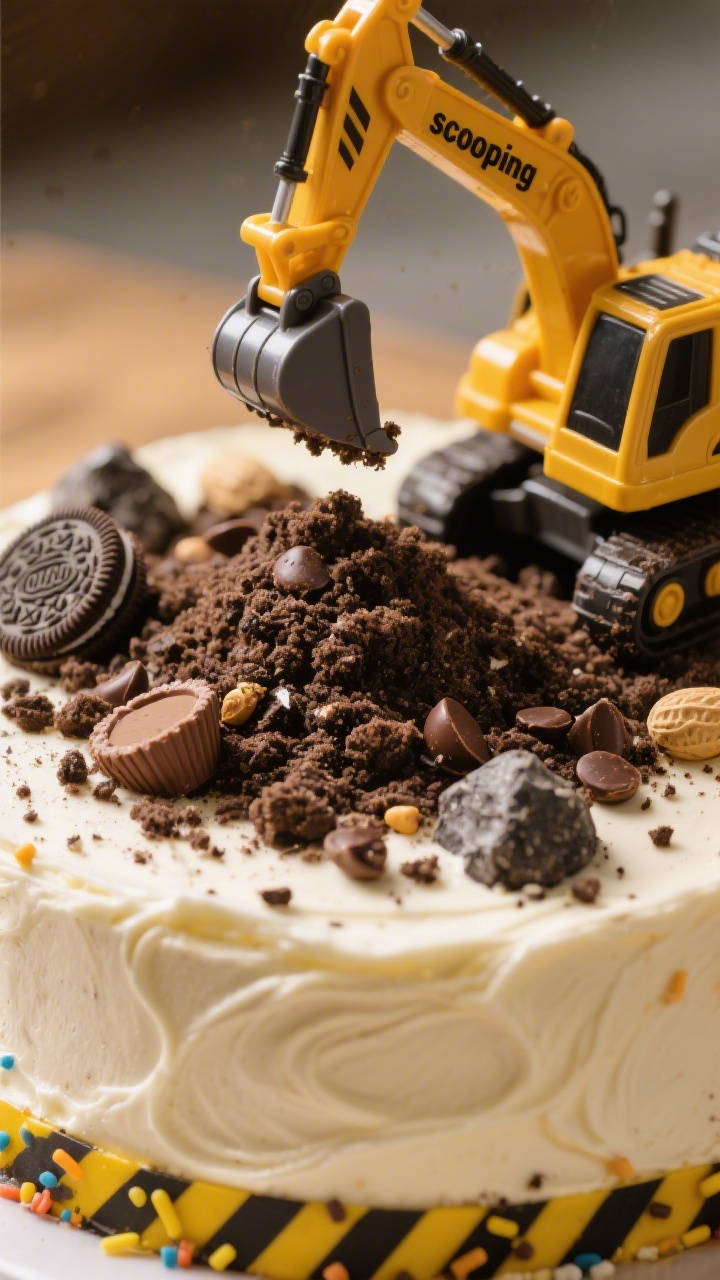 Close-up detail of a mini excavator toy “scooping” a mound of cookie-crumb dirt on the cake surf