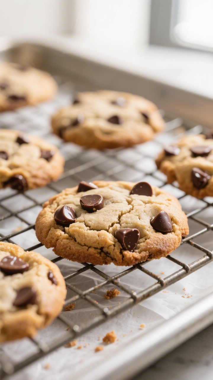 Close-up detail of freshly baked chocolate chip cookies cooling on a wire rack: soft, chewy centers 
