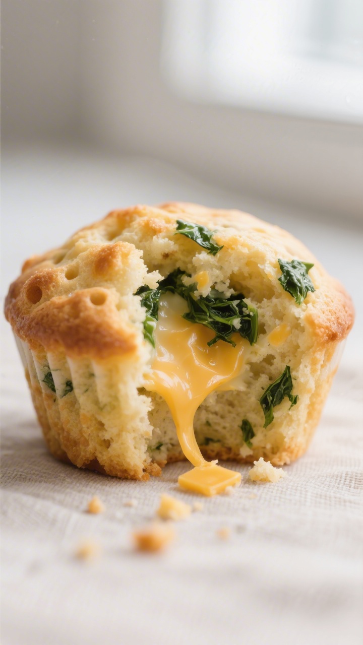 Close-up detail shot: A just-baked mini savory muffin torn open to reveal melty strands of mild ched