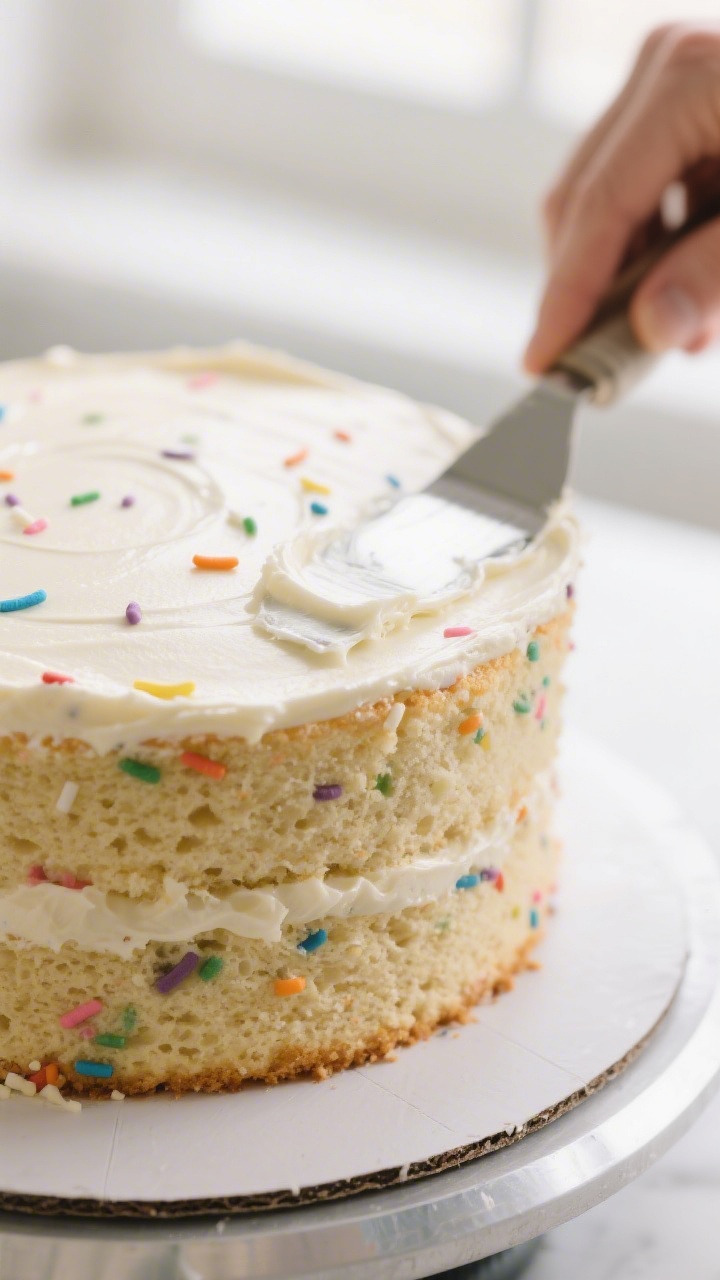 Close-up detail shot of a baked funfetti vanilla cake layer just out of the pan and fully cooled, cr