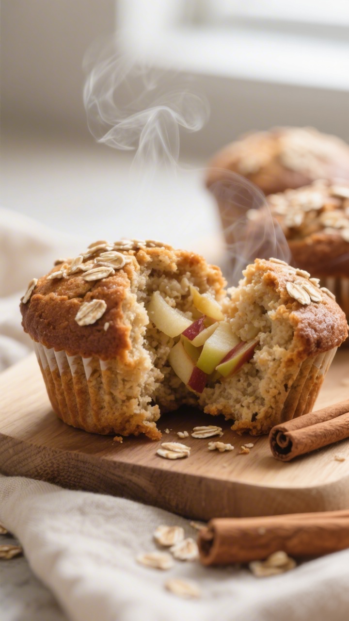 Close-up detail shot of freshly baked apple cinnamon oatmeal muffins torn open to reveal a moist, te
