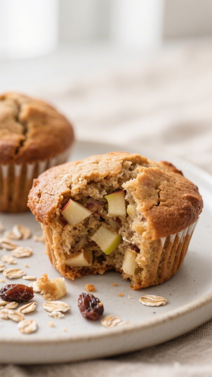 Close-up detail shot of freshly baked Apple Cinnamon Oat Muffins torn open to reveal a soft, moist c