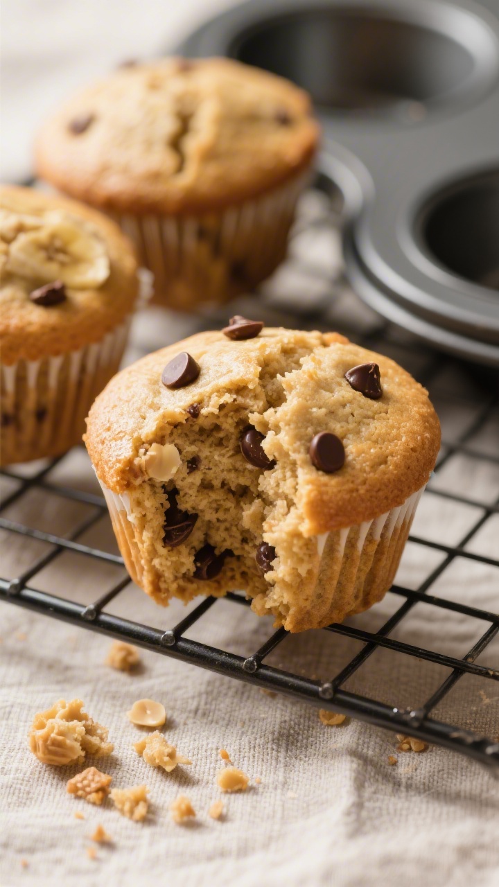 Close-up detail shot of freshly baked peanut butter banana protein muffins just out of the pan, one