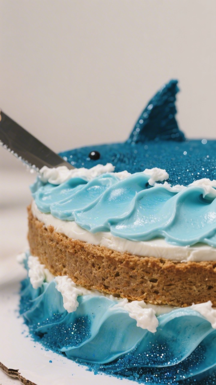 Close-up detail shot of the shark cake’s ocean frosting effect: smooth crumb-coated two-layer cake