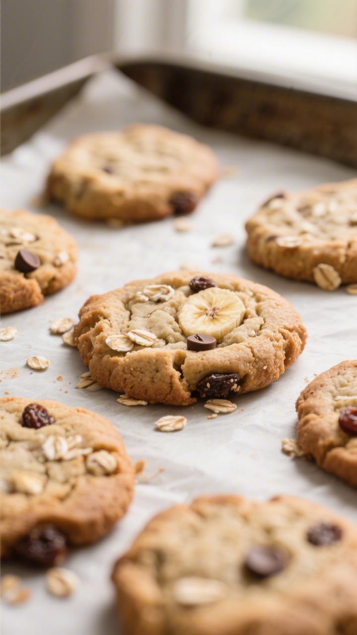 Close-up detail shot: Warm, freshly baked banana oat cookies just out of the oven on a parchment-lin