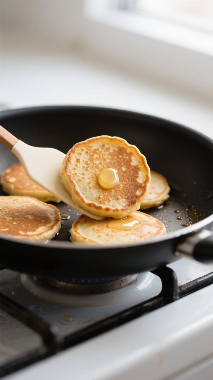 Close-up detail: Toddler-sized banana oat pancakes just flipped in a nonstick skillet, golden-brown 