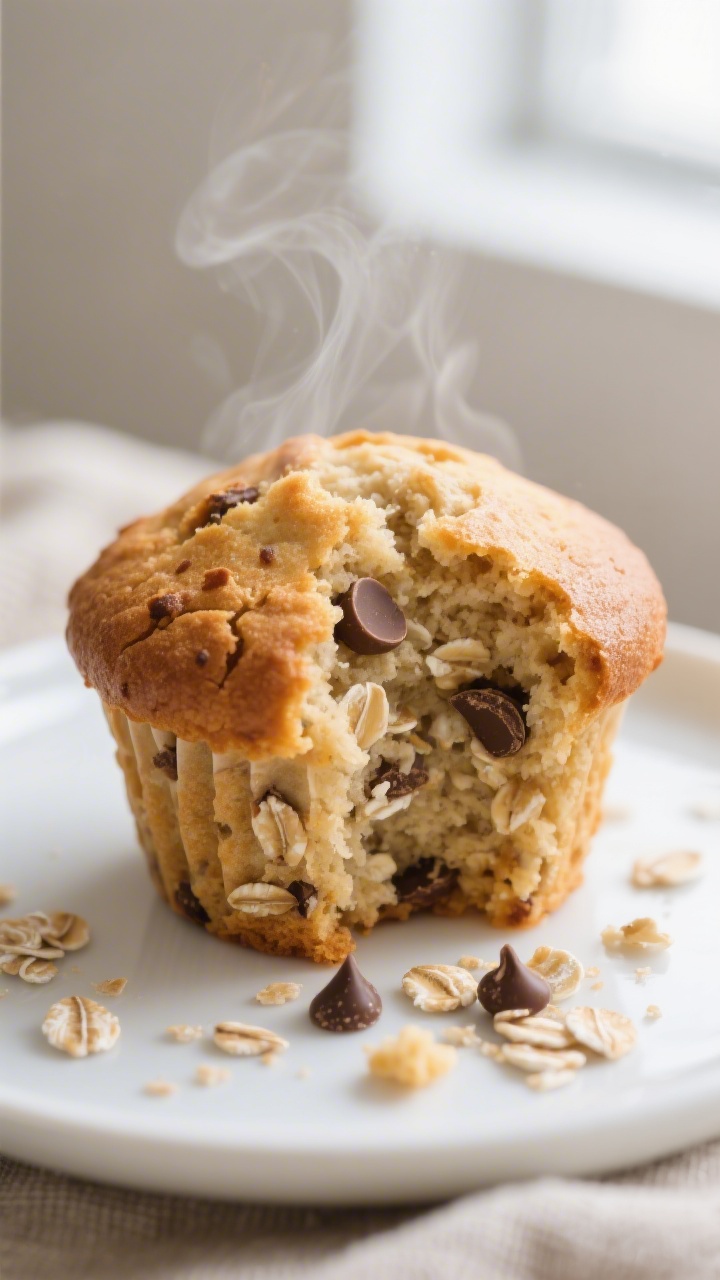 Close-up detail: Warm banana oat breakfast muffin torn open to show soft, moist crumb with visible r