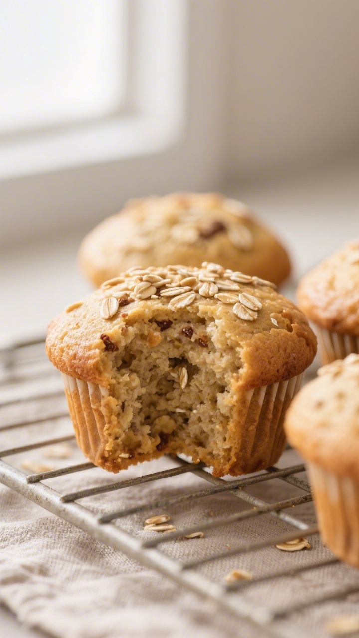 Close-up detail: Warm banana oat muffins just out of the oven, tops gently domed and set with a ligh