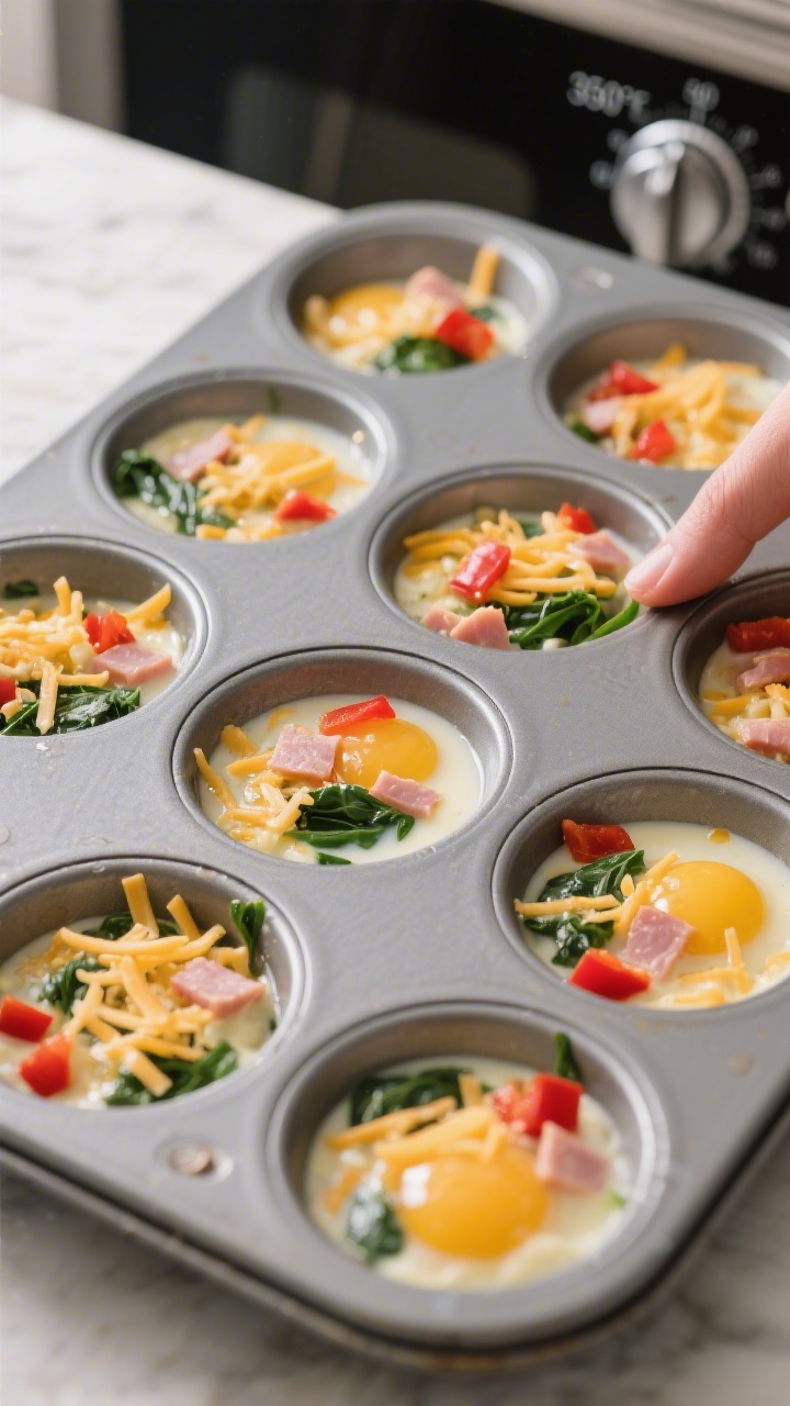 Cooking process: Action shot of the filled muffin tin on a countertop right before baking, each cup