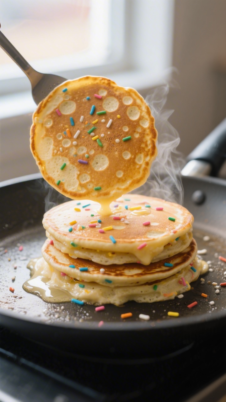 Cooking process close-up: A stack of sprinkle-studded pancake rounds cooking on a nonstick griddle,