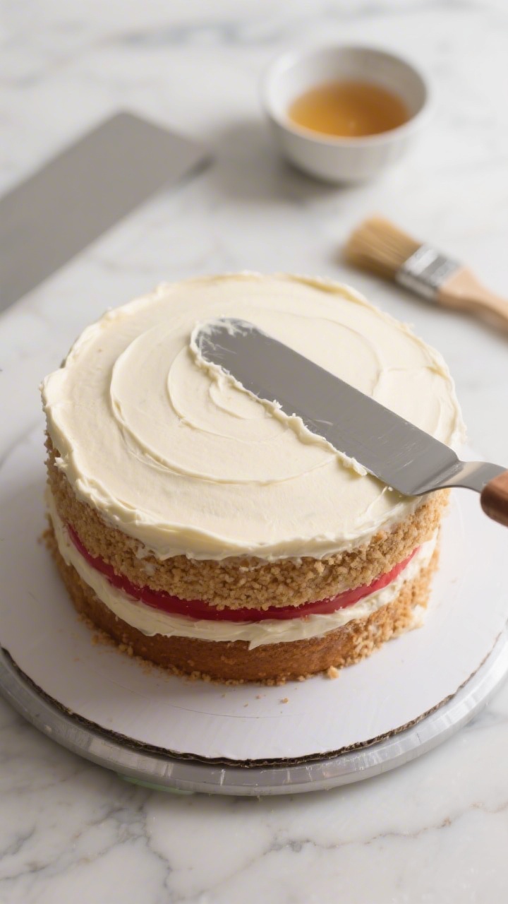 Cooking process close-up: Crumb-coated 8-inch round cake on a turntable, thin first layer of pale va