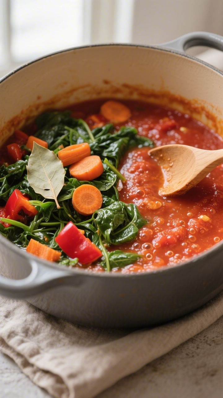 Cooking process, close-up detail: A deep saucepan of simmering hidden-veggie tomato sauce with wilte