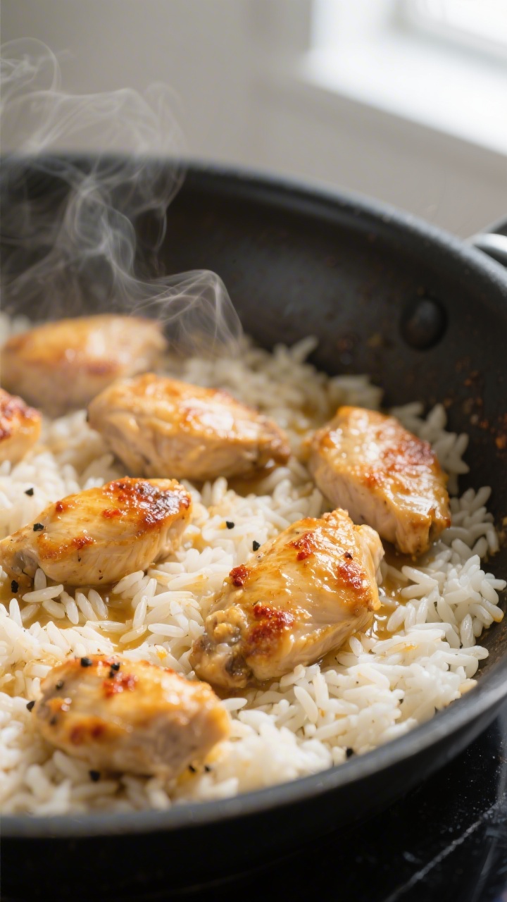 Cooking process, close-up detail: Close-up of golden-browned, bite-size chicken pieces nestled with 
