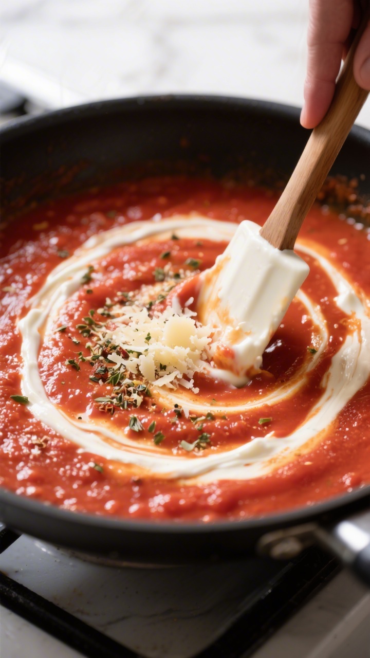 Cooking process, close-up detail: Silky creamy tomato sauce simmering in a wide skillet, visibly smo