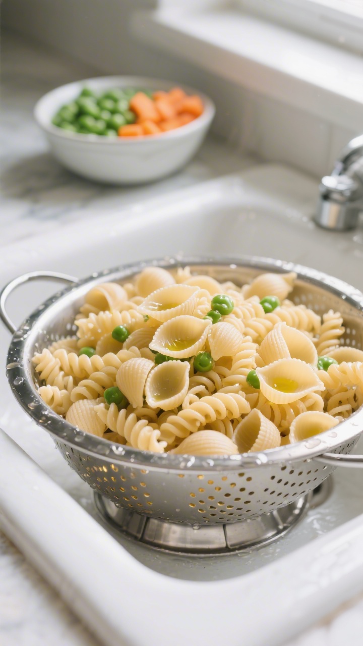 Cooking process, close-up detail: Tender mini shells and rotini just drained and rinsed, glistening 