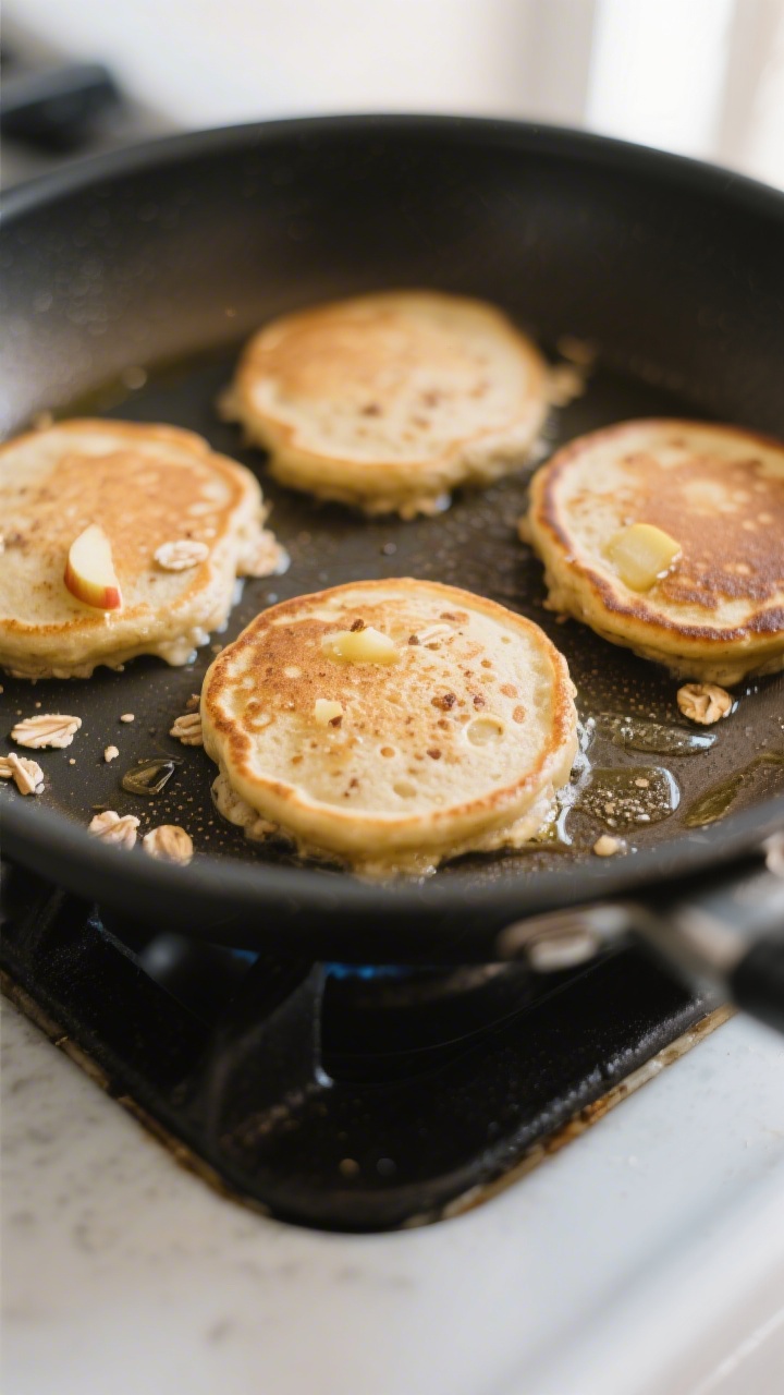 Cooking process, close-up: Mini apple oat pancakes sizzling on a nonstick skillet over medium-low he